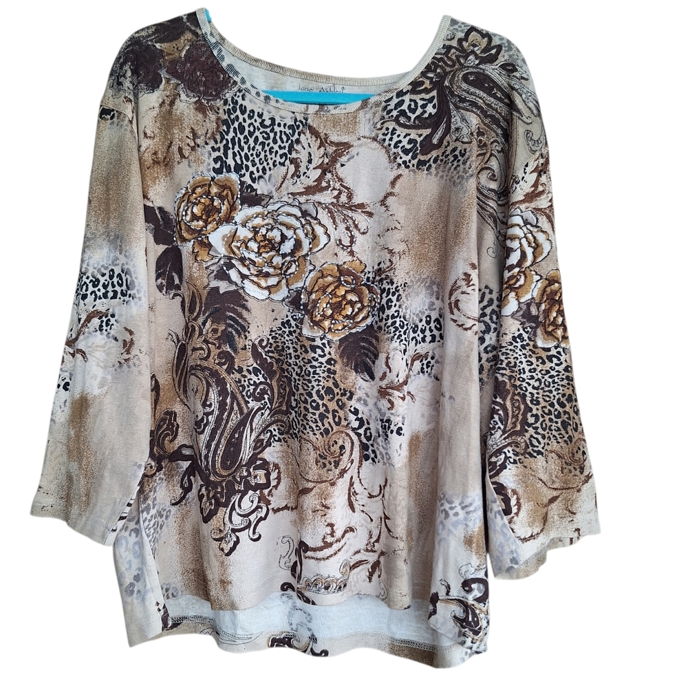 Jane Ashley Womens 3X Dark Floral Animal Print Brown Top Beaded Whimsigoth Fairy
